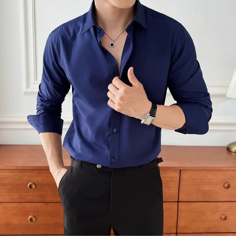 Business Casual Men's Solid Color Slim Fit Shirt, Stretchable, Suitable, Breathable, Daily Commute Long Sleeve Shirt. M-4XL
