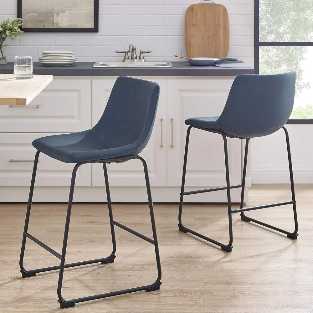 Modern Upholstered Faux Leather Armless Counter Chairs with Powder-Coated Steel Base, Set of 2, Navy Blue