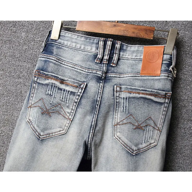 Vintage Washed Light Blue Slim Fit Jeans for Men High Elastic Quality Y2K Fashion Designer Split Denim Pants
