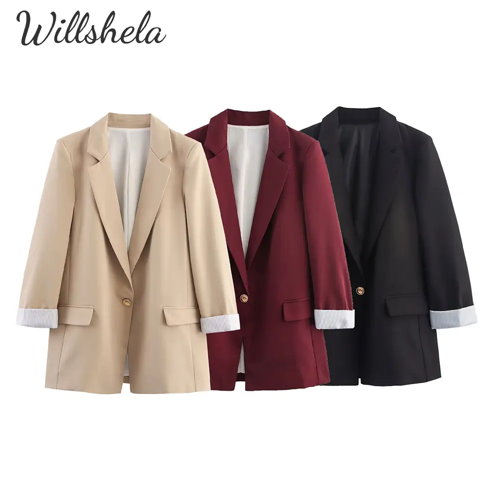 

Willshela Women Fashion Solid Blazer Notched Collar Long Roll up Sleeves Female Chic Office Lady Casual Business Outfits