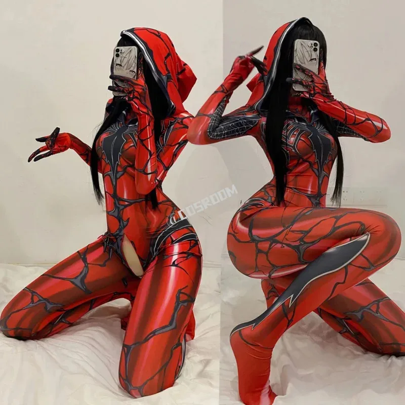 

Костюм Venom на Хэллоуин для женщин, сексуальный костюм зентай, комбинезон зентай из лайкры, открытая промежность, костюм супергероя, костюм для вечеринки