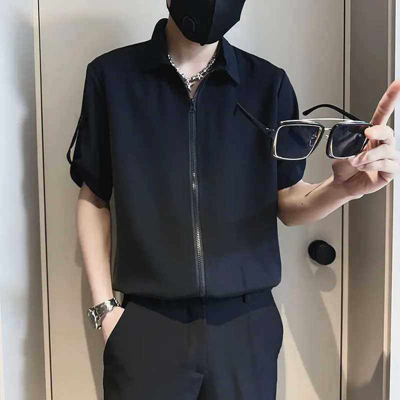 

Ice Silk Men's irt Summer Thin ort Sve Zipper Design Casual Loose Fit Youth Faion Top Thin Trendy Brand Upperwear