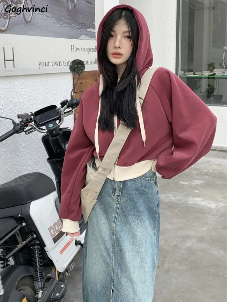 

Cropped Zip-up Hoodies with Hat Women Ulzzang Preppy Style Young Fashion Schoolgirls Chic Baggy Ins All-match Retro Streetwear