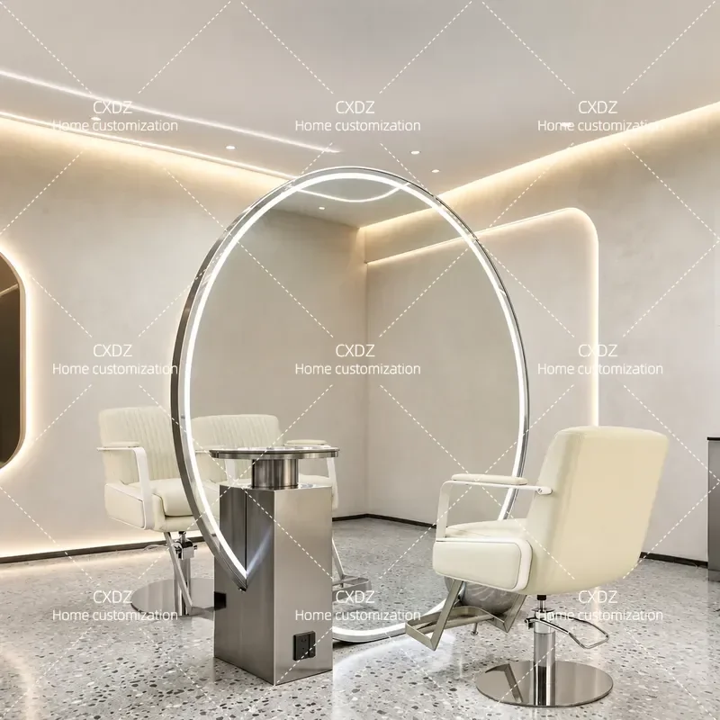 LED Lighted Hair Mirror Stainless Steel Cabinet Double Sided Floor to Ceiling Large Round Mirror for Salon Versatile Design