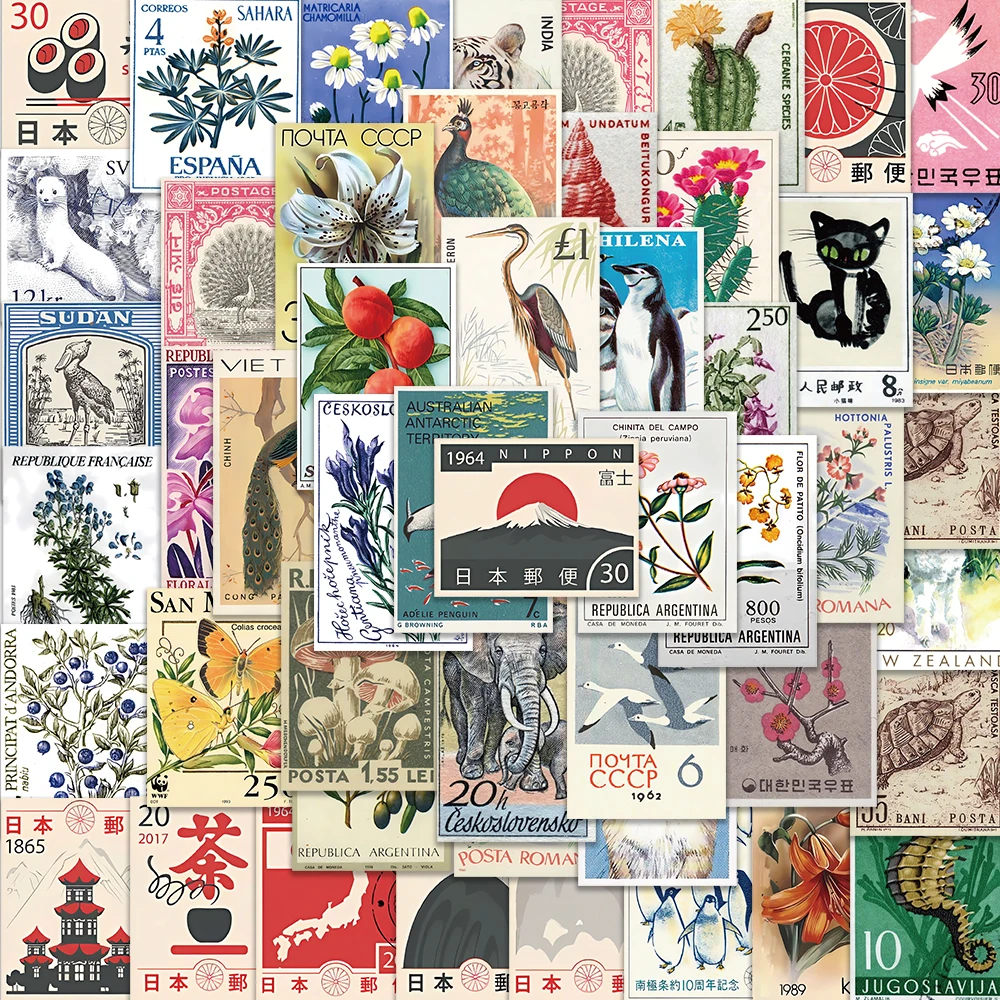 50PCS Vintage Stamp Stickers Retro Waterproof Decal For Laptop Motorcycle Luggage Snowboard Fridge Phone Car Sticker