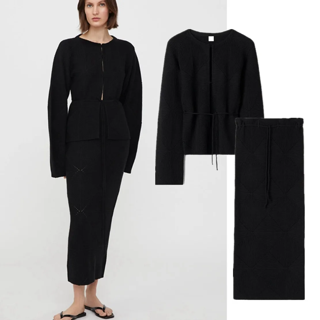 Maxducti Nordic Minimalism Wool Cardigan in seta di gelso Top gonna longuette dritta abito nero lavorato a maglia da donna per la primavera 2024