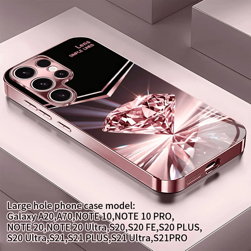 Cut diamond 2D, Rose Gold/plated pink Glass phone case for Samsung Galaxy S26 S25 S24 Shockproof Glossy Protective Back Cover