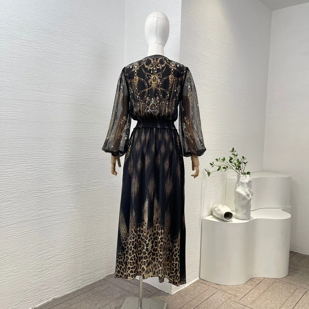 High Quality Spring Summer V-Neck Black Animal Print Long Sleeve Elastic Waist Silk Midi Dress