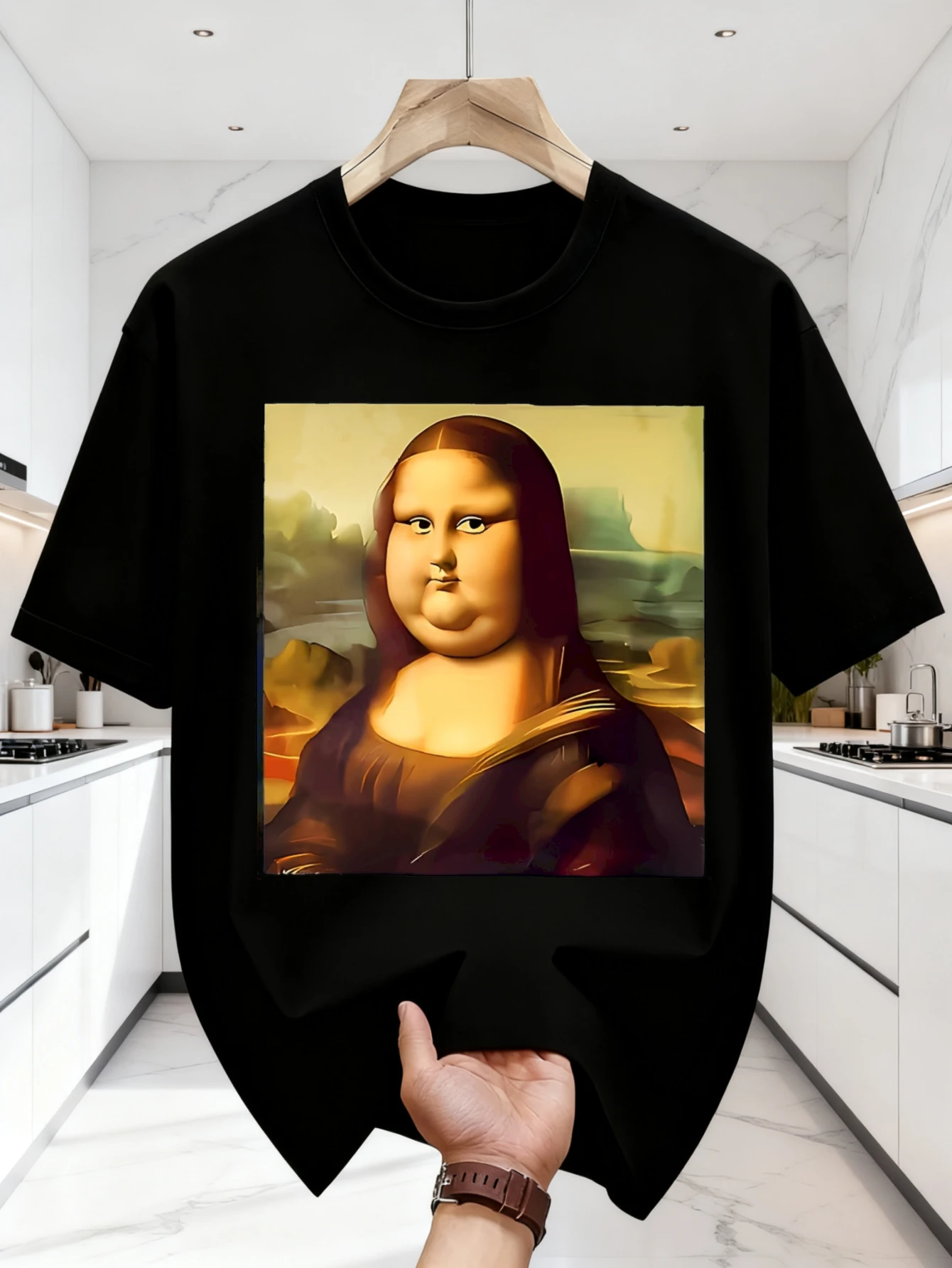 Crewneck T Shirt White Mona Lisa Art Print Unisex Casual Wear for Men and Women Daily Outfit Streetwear Fashion Top Funny Meme