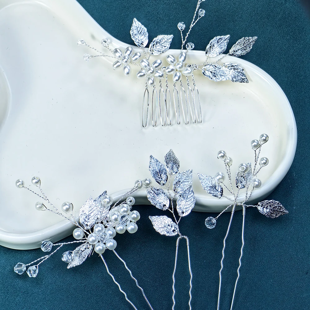 4 Piece Bridal Tiara Imitation Pearl Rhinestone Silver Leaf Wedding Set Elegant Hair Accessories Bridesmaid Flower Girl