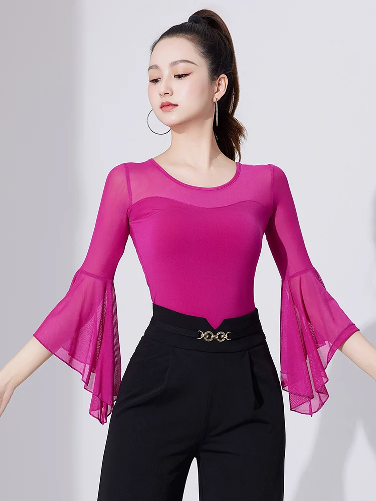 Latin Dance Top Female New Arrival Modern Ballroom Dance Waltz National Standard Dance Lotus Leaf Mid-Sleeved Clothes Exercis...