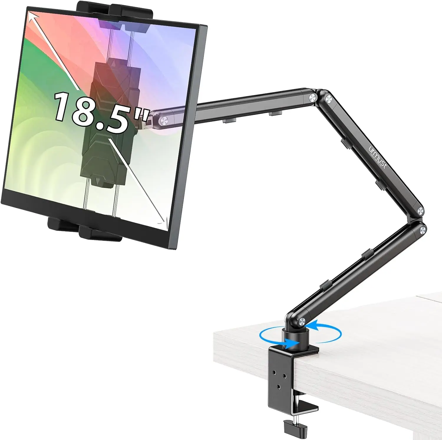 Portable Monitor Stand 15.6", iPad Holder for Desk, Adjustable Tablet Arm up to 18.5", for 4.7"-12.9" Devices