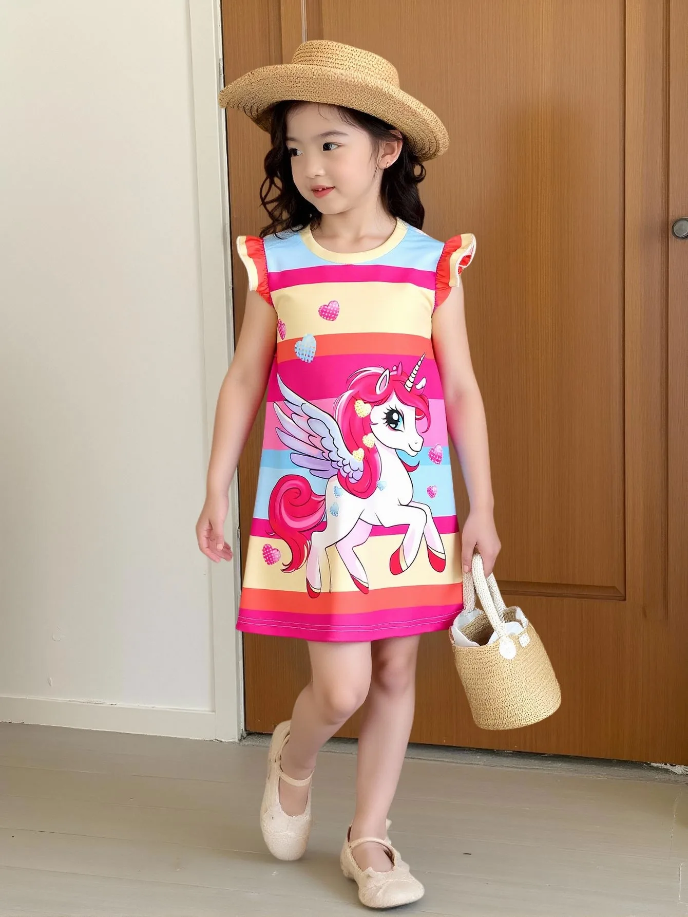 

Модное повседневное прямое платье с мультяшным животным принтом и разноцветными полосками, круглым вырезом и расклешенными рукавами для девочек, летнее