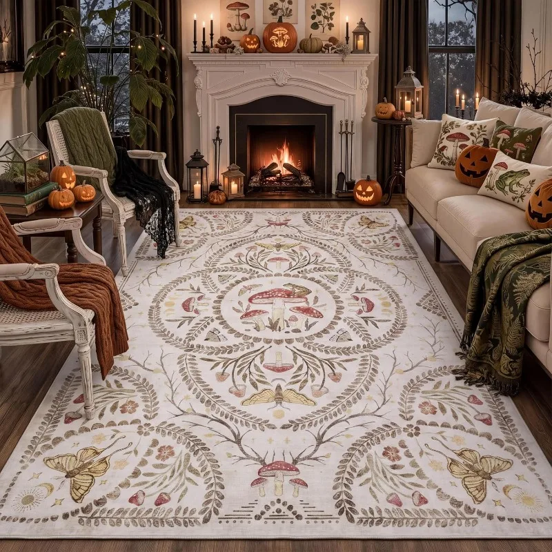 Vintage Mushroom Moth Print Living Room Carpet Vintage Luxury Machine Washable Non-slip Rug Home Decor Coffee Table Floor Mat