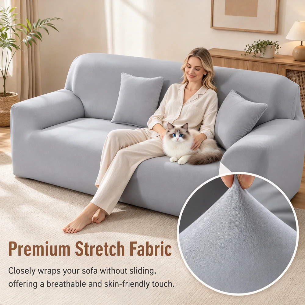 Solid Color Sofa Cover for Living Room Elastic Washable Sofa Slipcovers Tailored Fitted Armrest Design Fits Tighter Widened