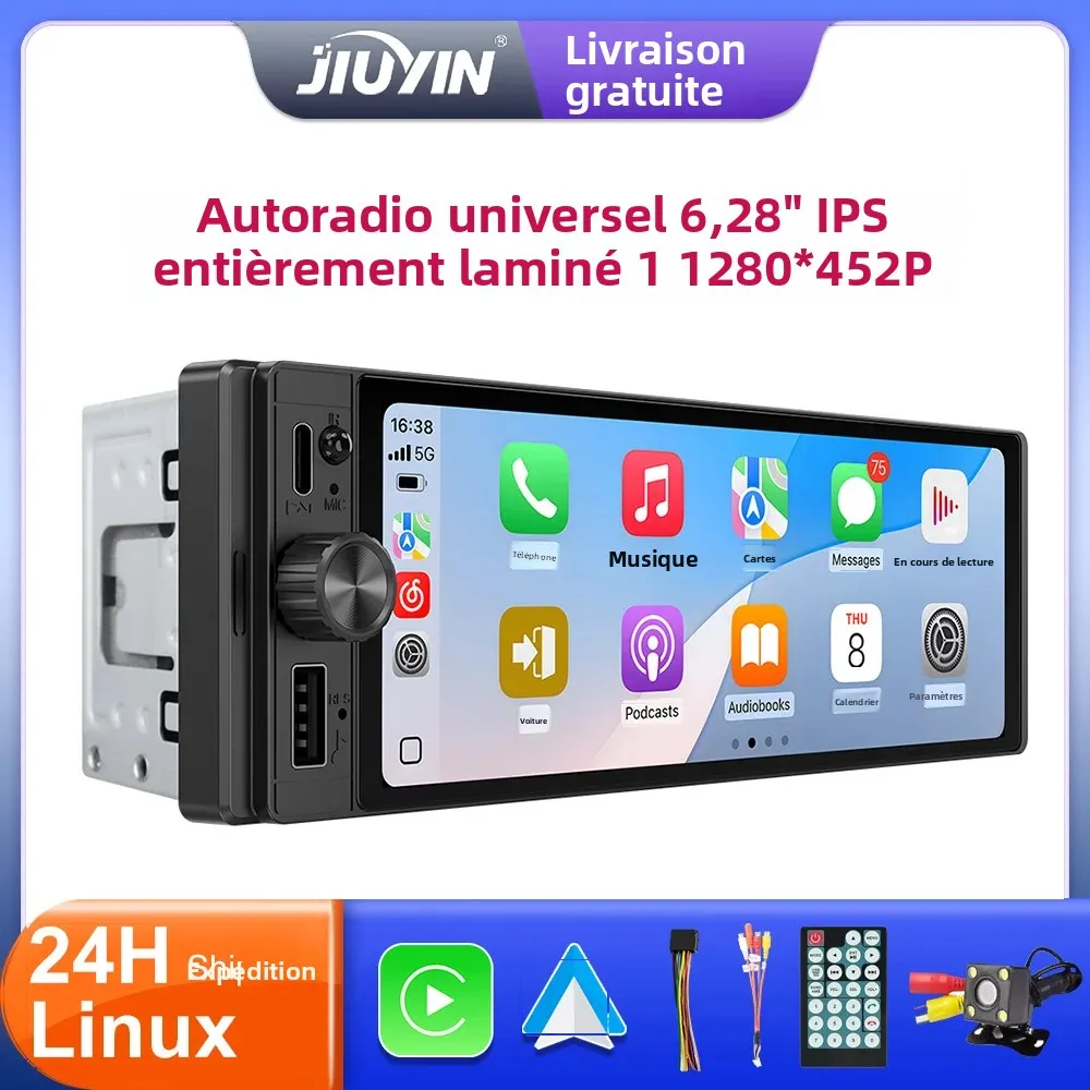 JIUYIN 1Din 6.28 ''sans fil CarPlay Android Auto IPS écran tactile universel autoradio FM stéréo MP5 multimédia GPS lecteur