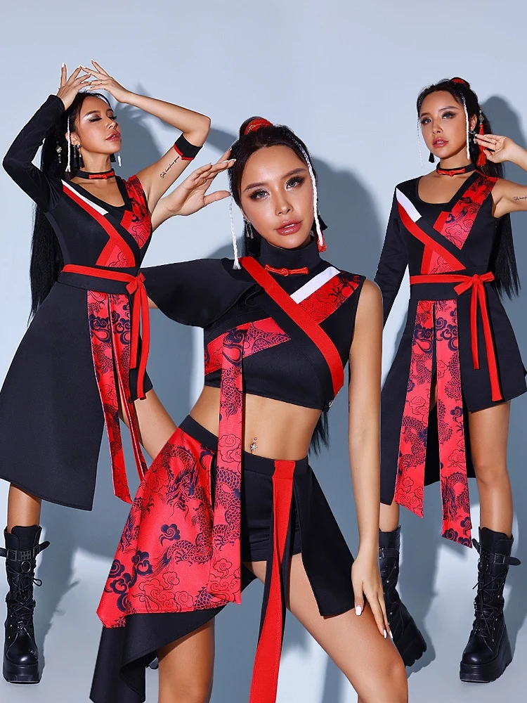 Chinese Style Jazz Dance Performance Costumes For Women Red Black Outfits Girls Group Hip Hop Dance Stage Rave Clothes DQS15234