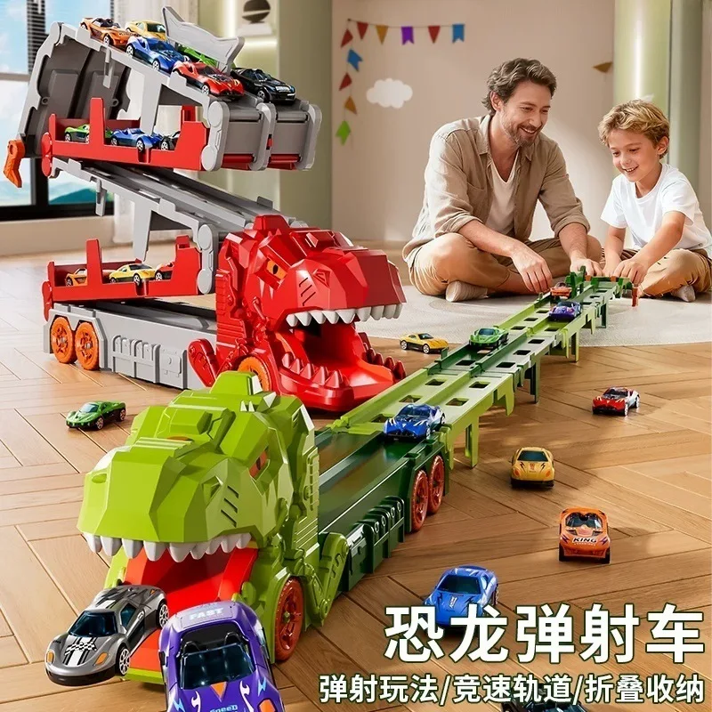 Tyrannosaurus Dinosaur Devouring Track Toy Transforming Sliding Alloy Car Dinosaur Transport Truck For Toy Lovers Indoor Outdoor