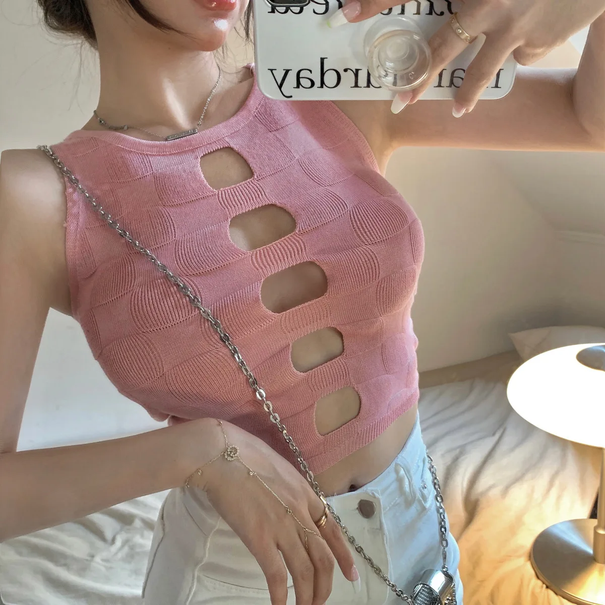 American Style Spicy Girl Hollow out High Waist Crop Top Women's Summer Design Sleeveless Trendy Vest Fashionable Strapless