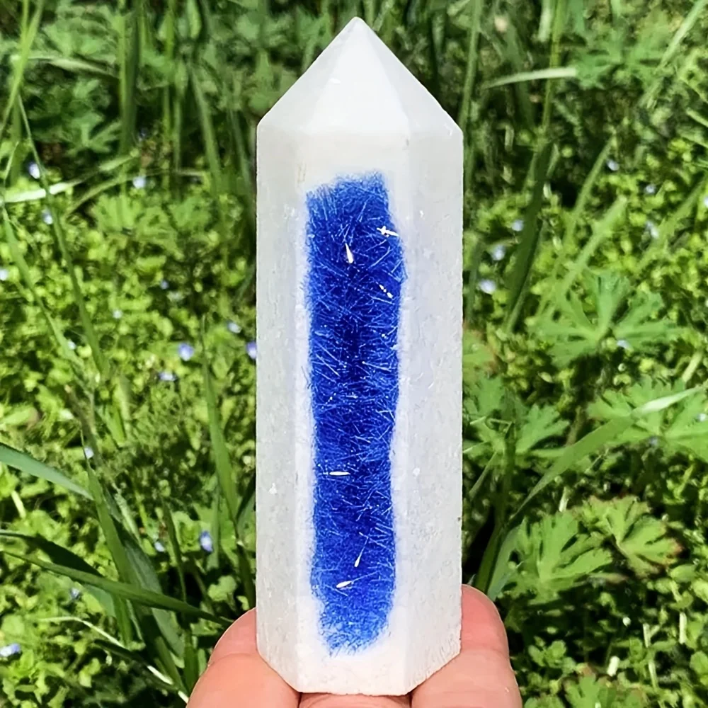 

1pc Blue Goethite White Jade Obelisk, Blue Geode Mineral Specimen with, Unique Holiday Gift for Crystal Collectors & Home Decor