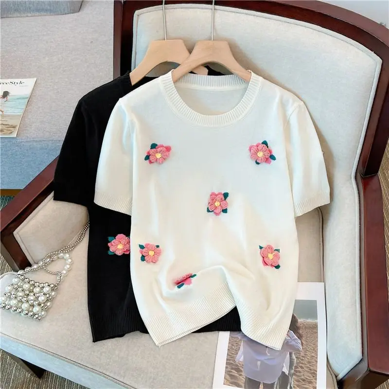 Summer Women2024 New Round Neck Solid Color Refreshing Casual Tshirts Elegant Loose Comfortable Korean Flowers Knitting Top