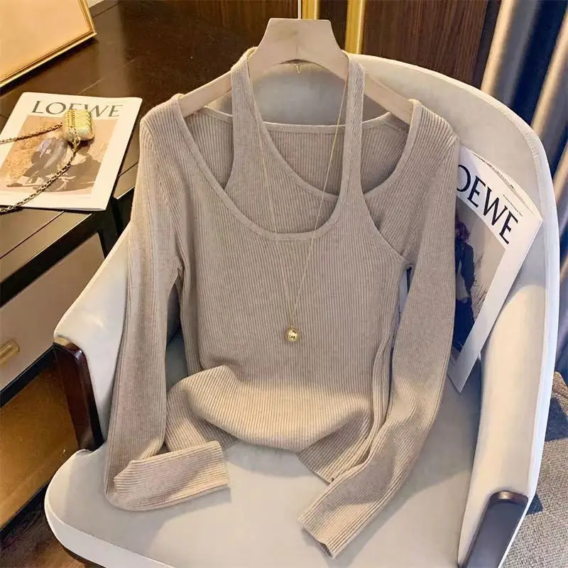 European Cross Hanging Neck Knitted Sweater for Women, Autumn and Winter Spicy Girls Hollowed Out Collarbone Exposed Top Slim