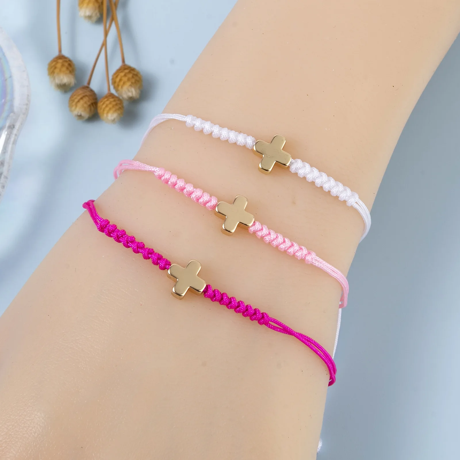 12pcs/card fashion simple gold-plated cross multi-color rope braided European and American adjustable bracelet