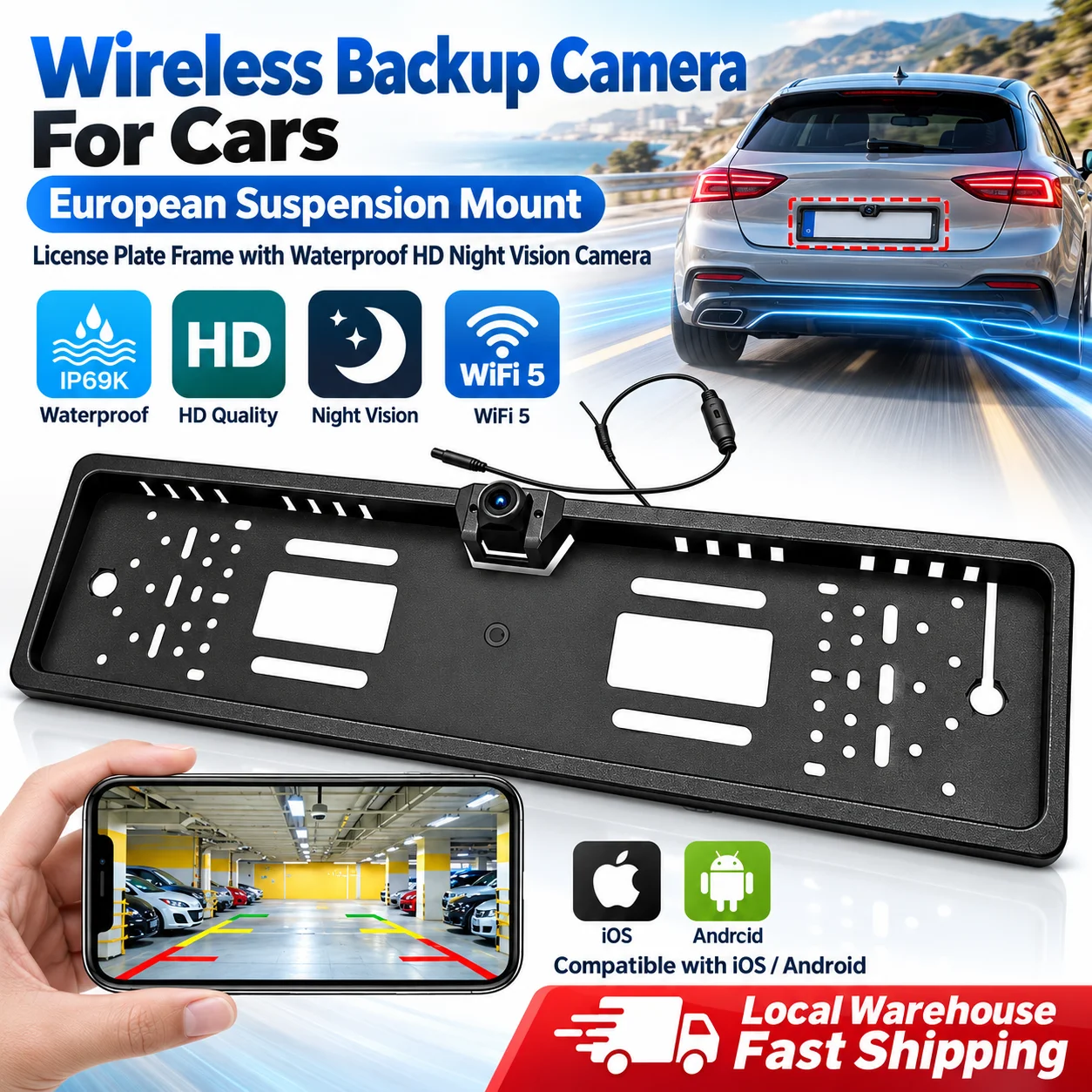 Telecamera di retromarcia wireless per auto, con telaio per targa europea da appendere, telecamera anteriore con telaio per targa, telecamera di retromarcia con visione notturna, compatibile con iOS e