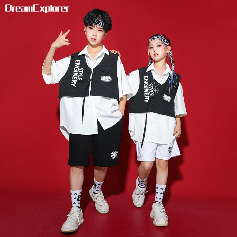 

Hip Hop Boy Vest Street Dance Shorts Girls Cool Short Sleeve Shirt Clothes Sets Kids Jazz Blouse Summer Costume Child Streetwear