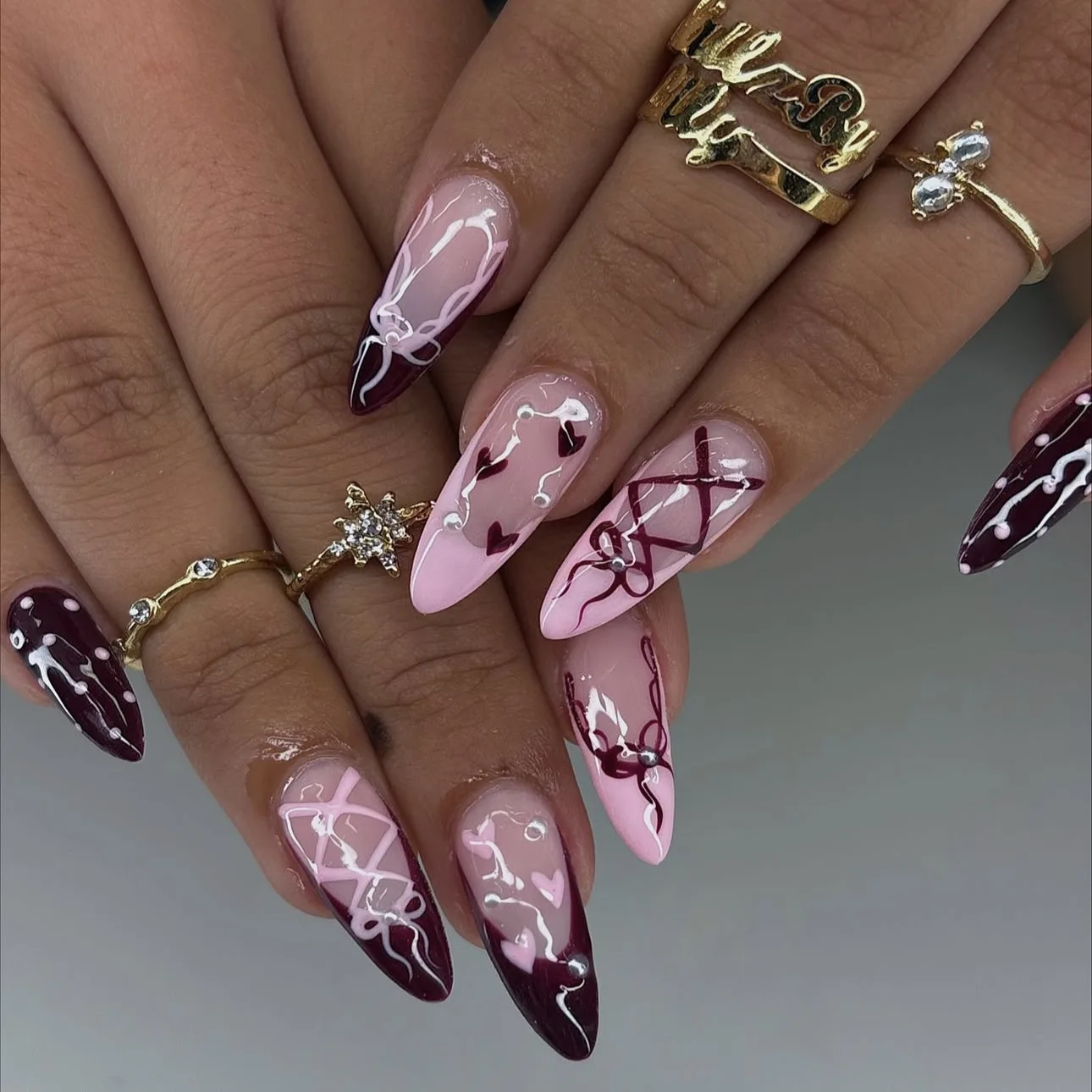 24Pcs Long French Sweet False Nail Bow Lines Press on Love Polka Dot Stick on Nails Sets Pearl Pink Acrylic Patch Fake Manicure