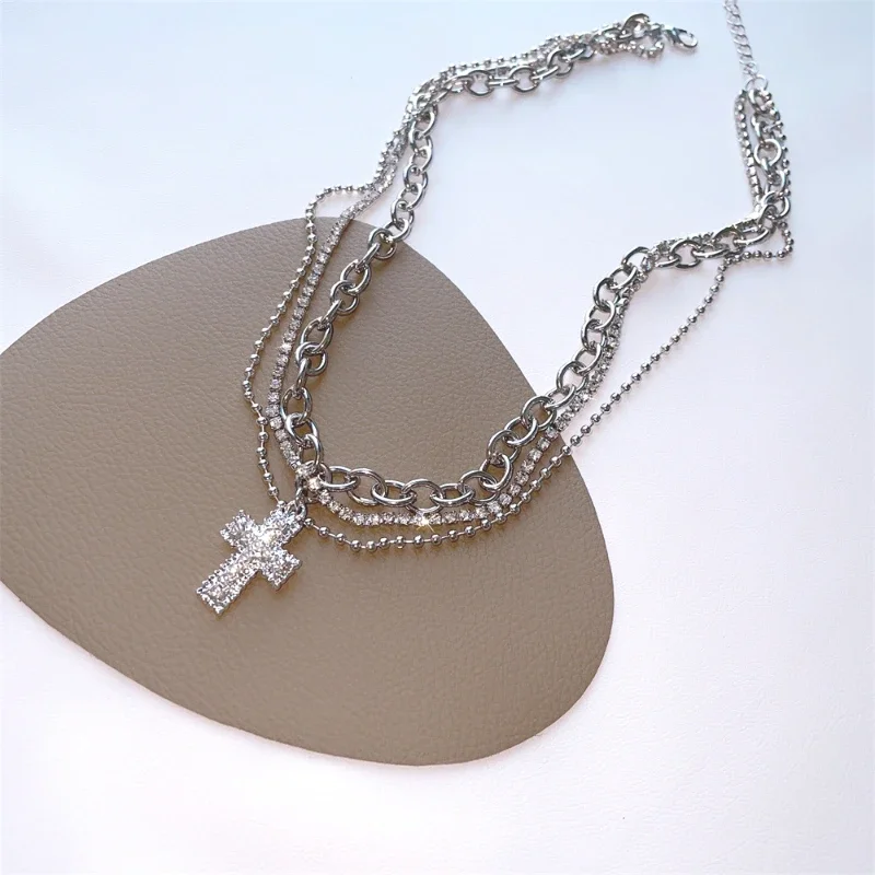 Zircon Cross Pendant Necklace Spicy Girl Sweet and Cool Style Multi Layered Necklace Choker Gift for Women Necklace for Women