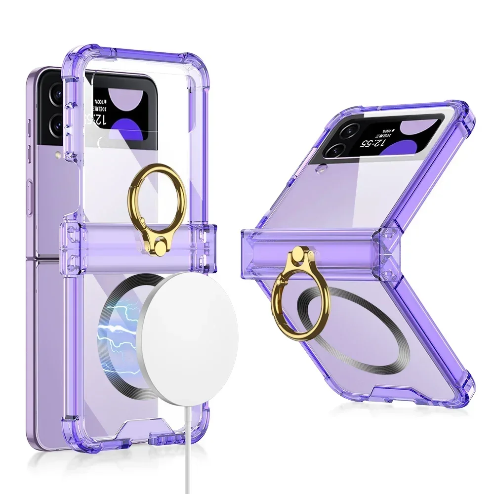 Electroplated Transparent Ring Holder For Samsung Galaxy Z Flip 5 4 3 Magsafe Wireless Charging Case Magnetic Fold Hingle Cover