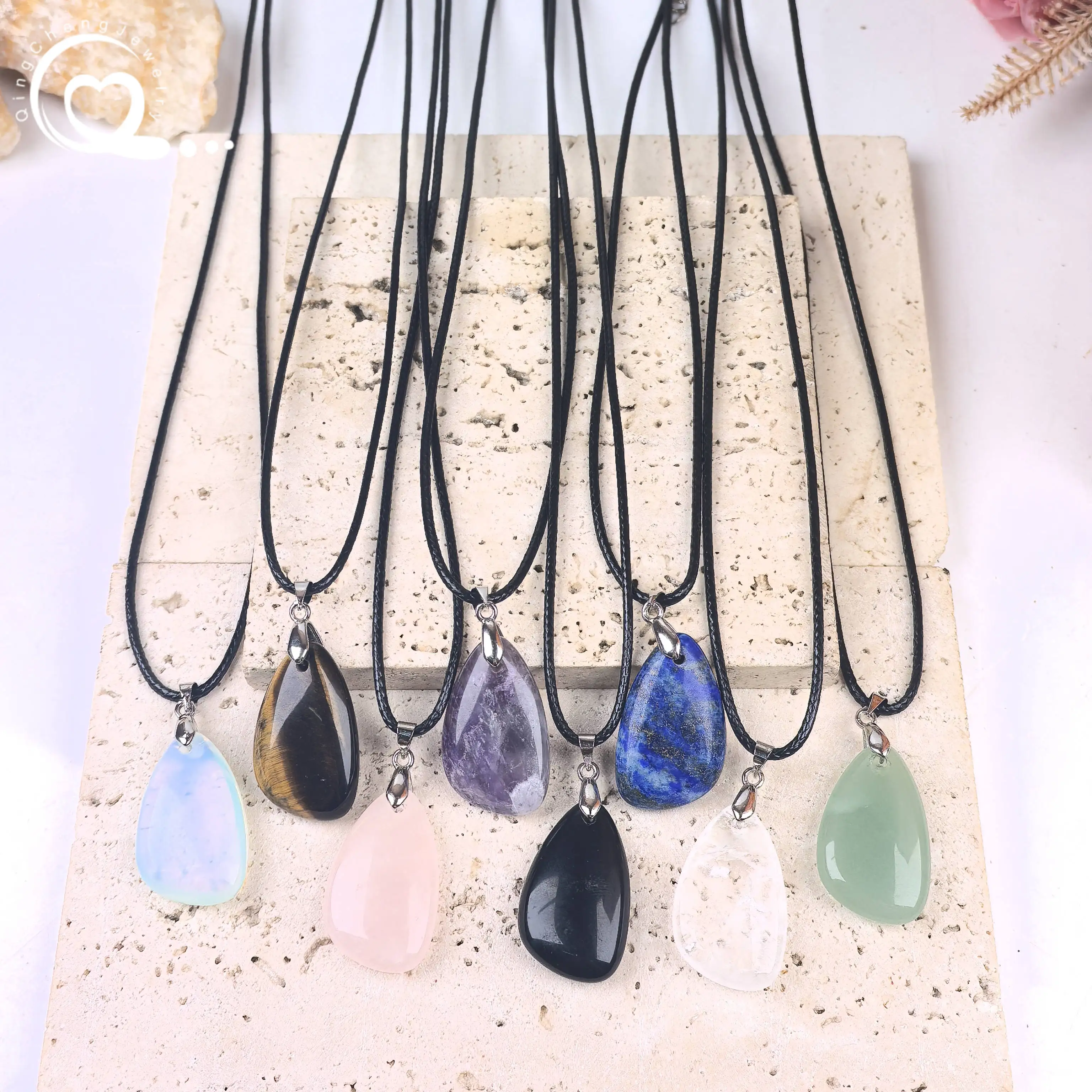 

Healing Crystal Amethyst Drops Pendant Necklace Rose Quartz Obsidian Tiger eye Aventurine Opalite Charms Women Jewelry QC3406