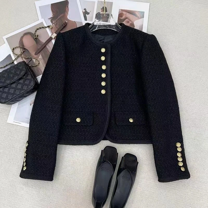 2024 Women Clothing Temperament Jackets O-neck Long Sleeve Tweed Jacket Crop Tops Ropa Mujer Fashion Vintage Thicked Korean Coat