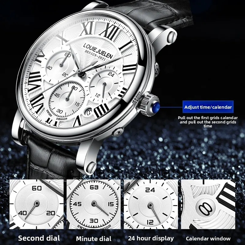 Stainless Steel Business Three-Eye Chronograph Date Dual Display 30M Waterproof Luminous Quartz Watch for Men