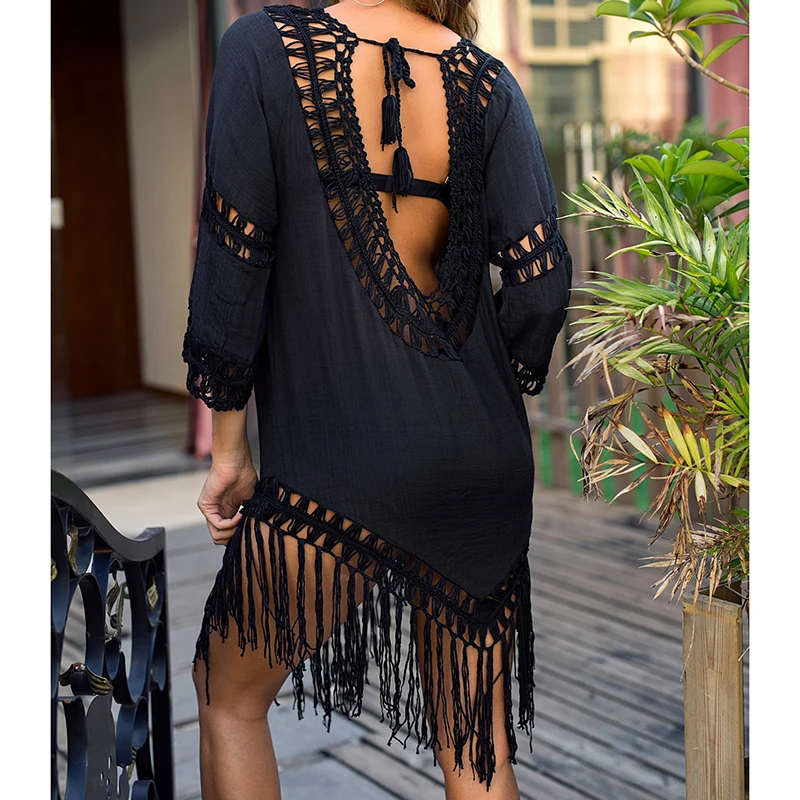 تصميم الأزياء تحسس فستان كروشيه بيكيني نسائي التستر الجوف خارج انظر من خلال شرابة فساتين الشاطئ عطلة التستر عارضة