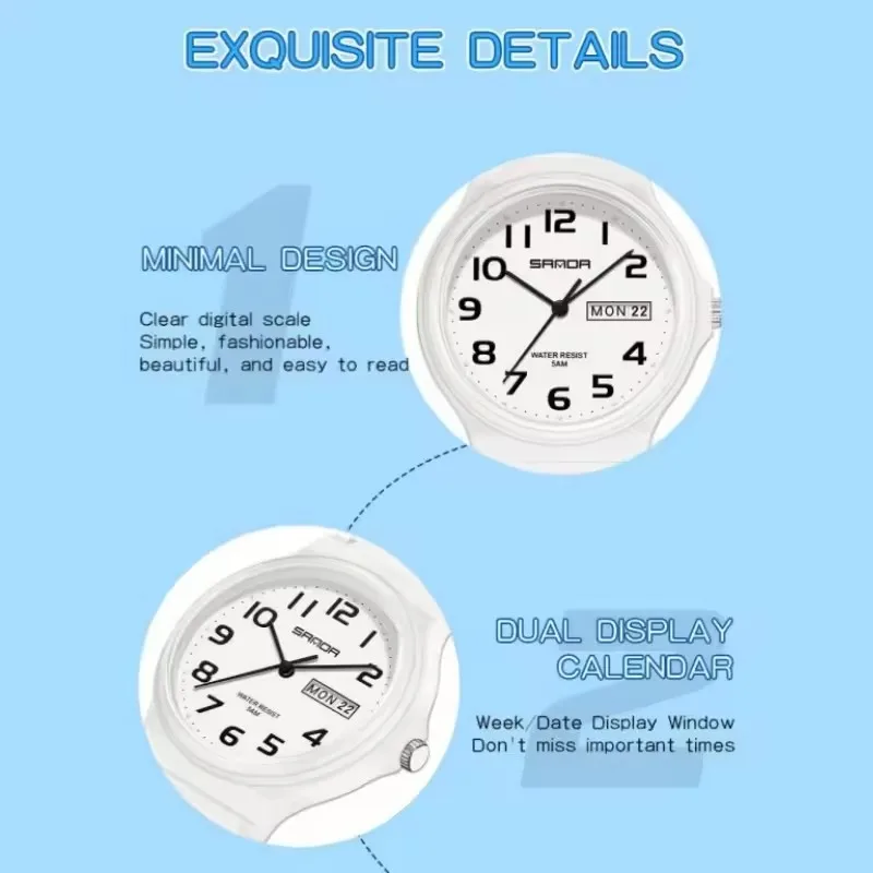 SANDA 9072 Personalized Casual Simple Waterproof Night Light Date Silicone Strap Youth Quartz Watch Men's and Women's Gifts