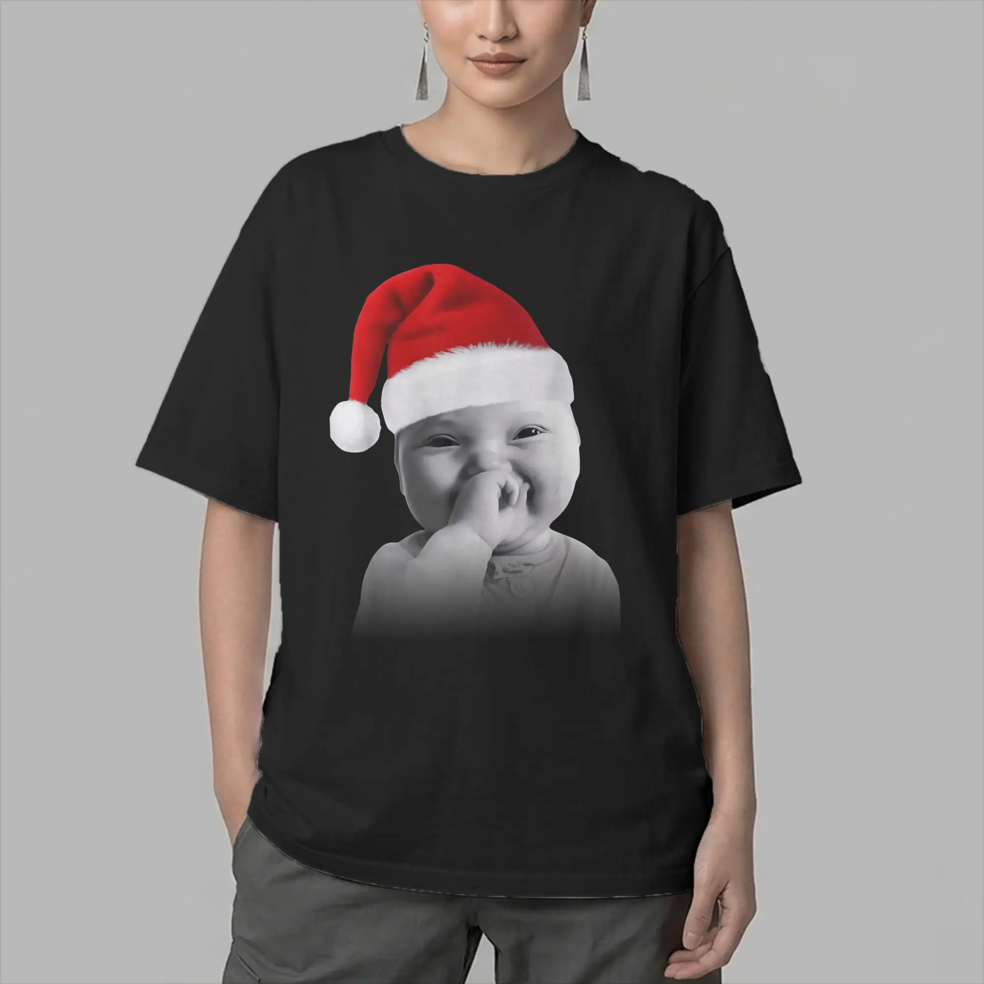 Unique Ai Baby Holding Laugh Christmas T-Shirts for Men Crewneck Cotton T Shirt  Short Sleeve Tee Shirt 6XL Tops