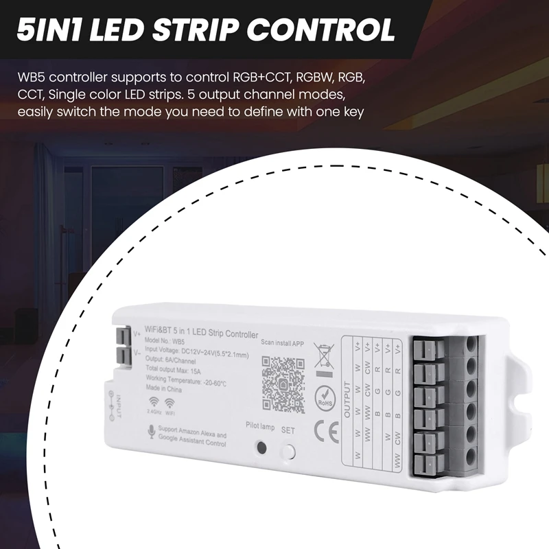 WB5 RF Wifi Bluetooth LED Strip Controller RGB CCT RGBW 5In1 Dimmable DC12-24V Lights Controller For Smart Life APP