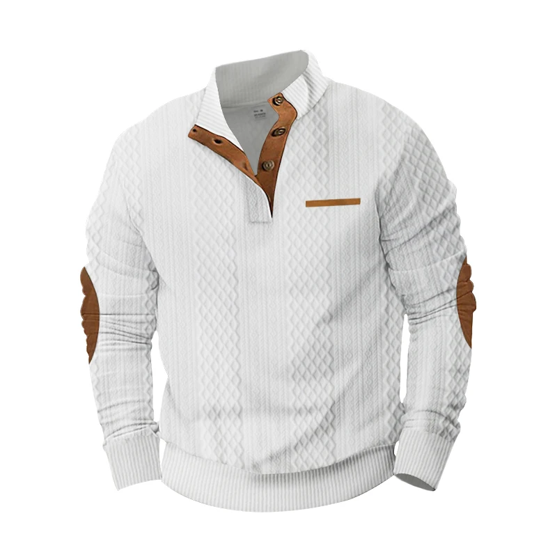 Imagen 3: Suéter de punto texturizado con cuello alto y botones para hombre 2026, top informal de manga larga con parches en los codos, multicolor