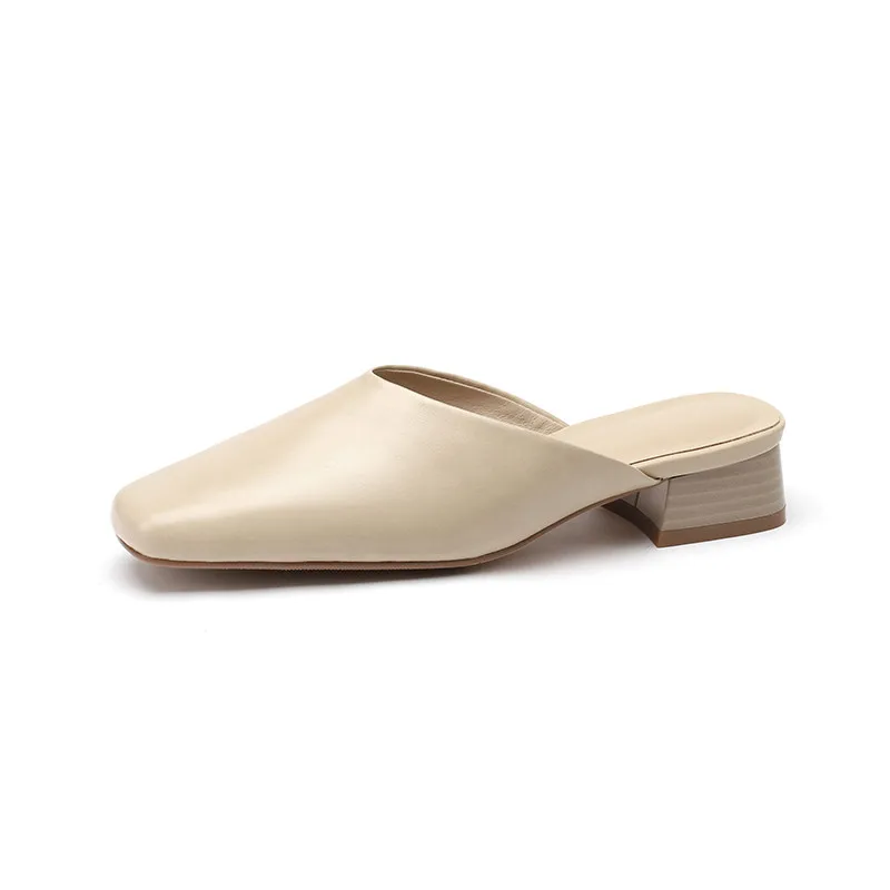 New Spring/Summer Slippers Split Leather Shoes Square Toe Mules Shoes for Women Fashion Retro Chunky Heel Handmade Ladies Shoes