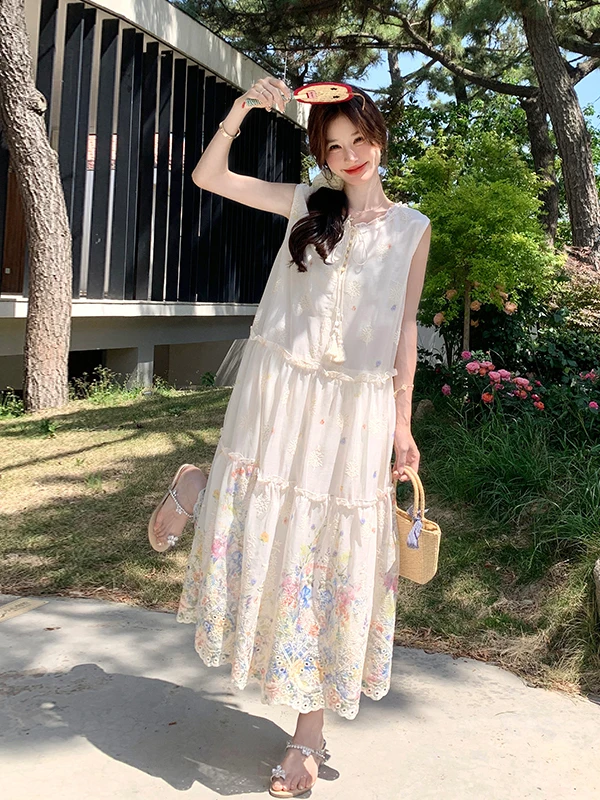 Sweet Floral Print Long Dr Women's Summer 2025 New Sle High Waist A-Line Skirt without Sve round Ne Gored Skirt