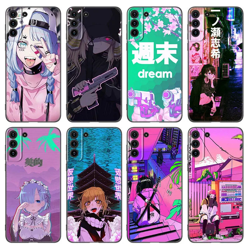 Anime Vaporwave Glitch Hot Black Silicone Phone Case For Samsung Galaxy S20 S23 FE S21 S22 S24 Plus Ultra