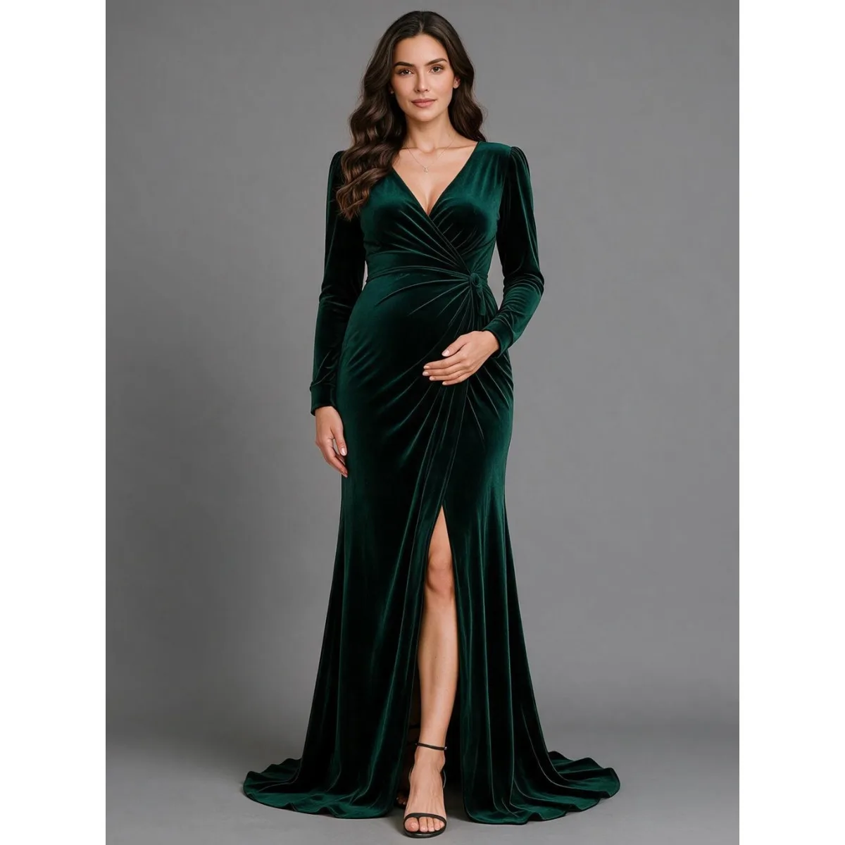 Green Velvet V-Neck Puff Sleeves Maternity Dress for Baby Shower Pregnancy Dress Photo Shoot