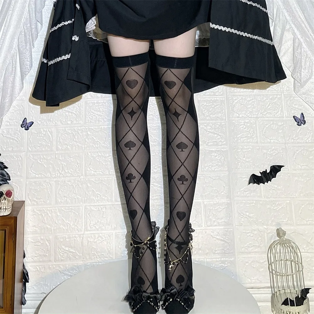 Black and White Punk Lolita Lace Stockings Millennium Girl's Y2K Poker Clown Pattern Cross High Tube Socks JK Over-the-knee Sock