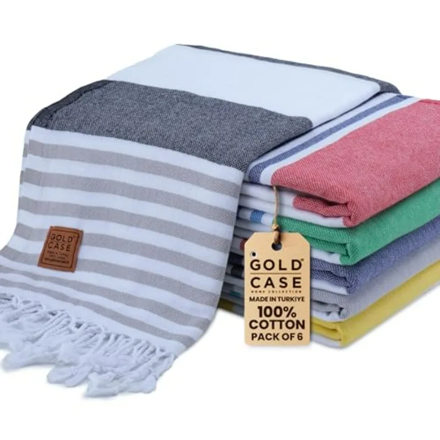

Turkish Beach Towel Set of 6 100 Cotton, Gold/Multicolor Oversized, Quick Dry Sand Free, Lightweight Bath Towels 70 x 38'' for