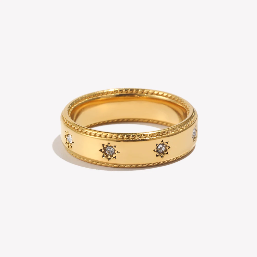 E.B.belle Stainless Steel Jewelry For Women 18K Gold Plated Waterproof Clear Crystal Zircon Setted Star Gold Rings For Women