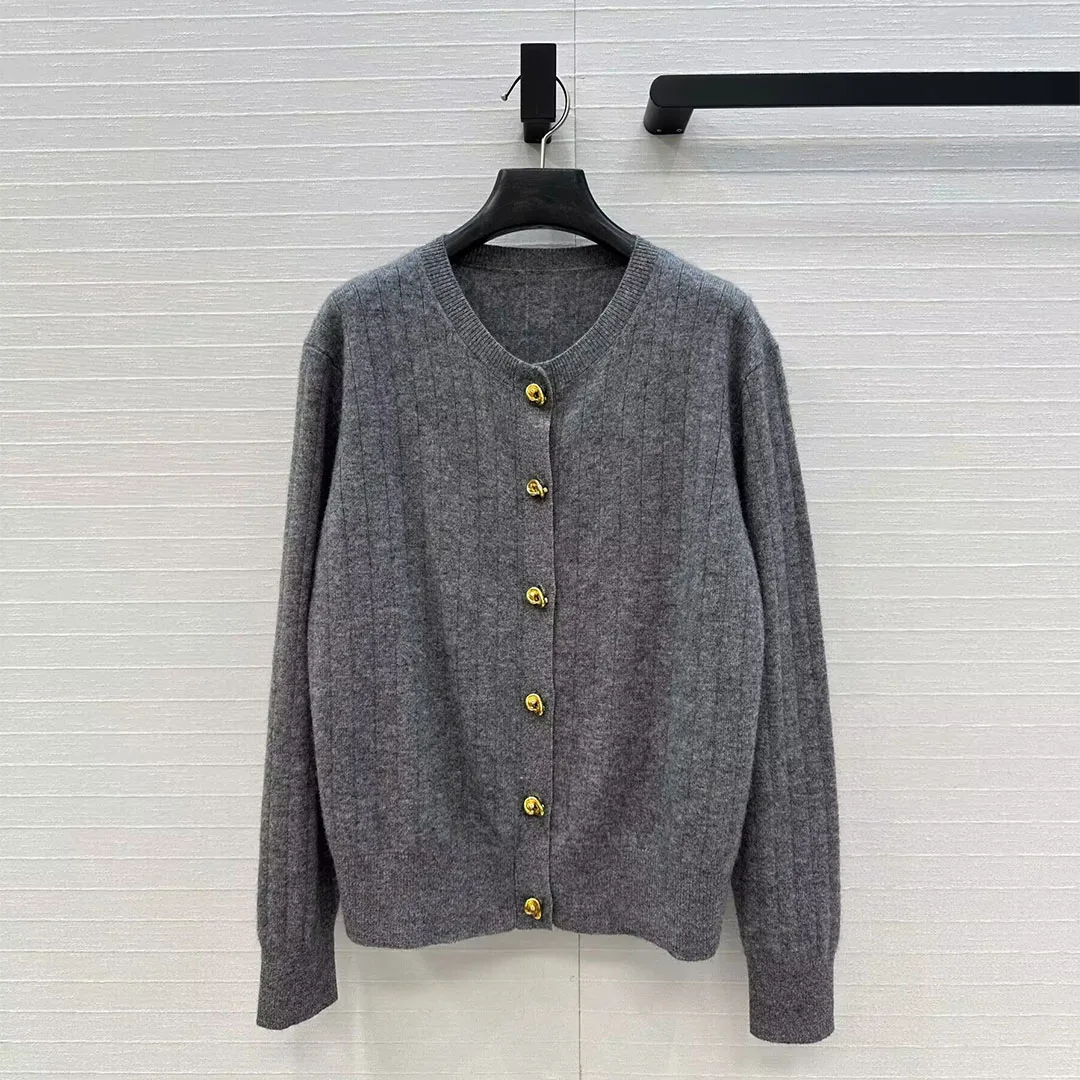 

2025 New Fashion Solid Vertical Stripes 100% Cashmere Soft Cardigan Women O-neck Long Sleeve Gold Buttons Casual Knitted Sweater