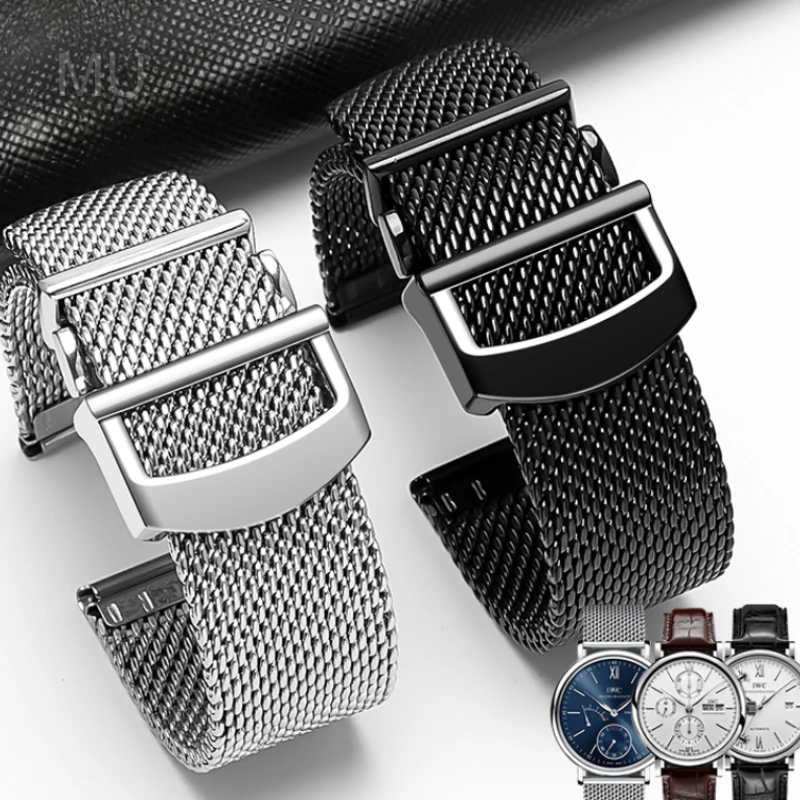 

For IWC Portofino Portuguese Series Woven Mesh Style Waterproof Great Ventilation Solid Steel Watchband Folding Buckle 20 22mm