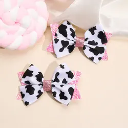 2Pcs Shiny Bowknot Hairpin Ribbon Cow Print Hair Bows Clip Girls Hairgrip Kids Headwear Children Party Barrette Hair Accessories